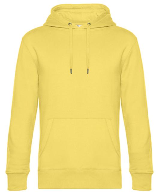 ein Gelber Hoodie, Kapuzenpulli ist von vorne dargestellt. Vorne befindet sich auf Bauchhöhe eine Tasche